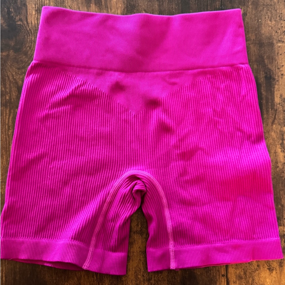 Vibrant Pink Ribbed Biker Shorts